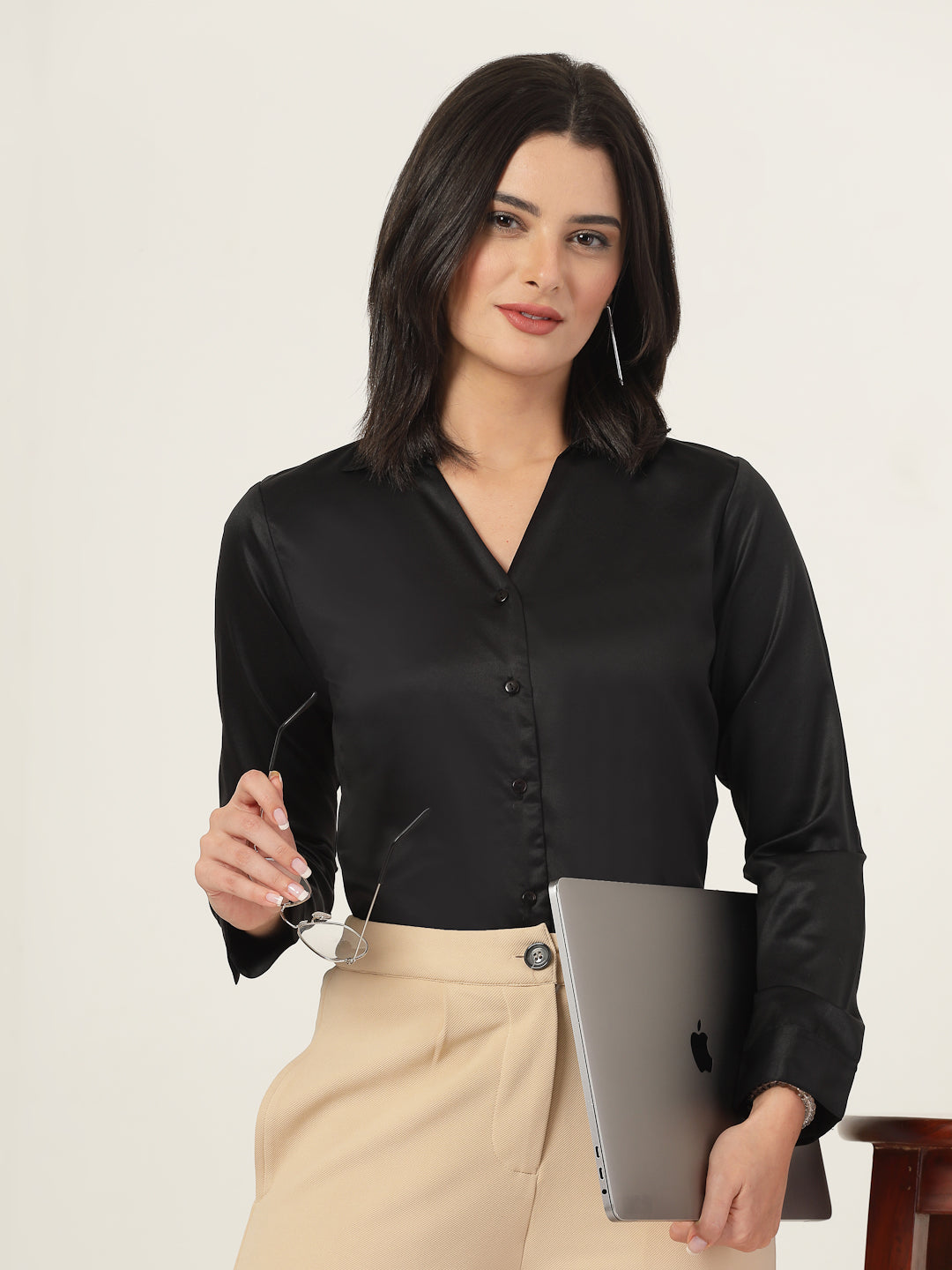 Style Quotient Women Solid Black Satin Regular Fit Formal Shirt