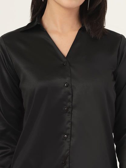 Style Quotient Women Solid Black Satin Regular Fit Formal Shirt