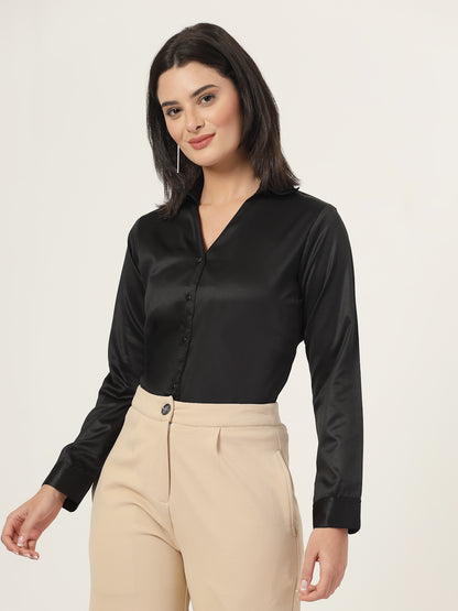 Style Quotient Women Solid Black Satin Regular Fit Formal Shirt