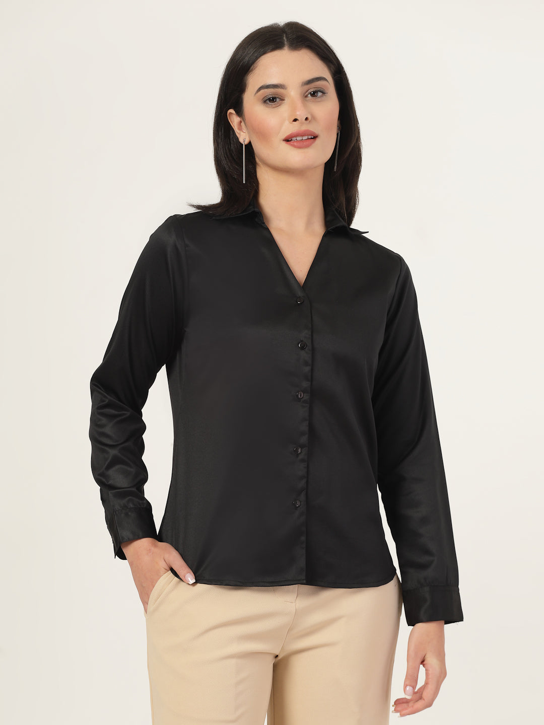 Style Quotient Women Solid Black Satin Regular Fit Formal Shirt