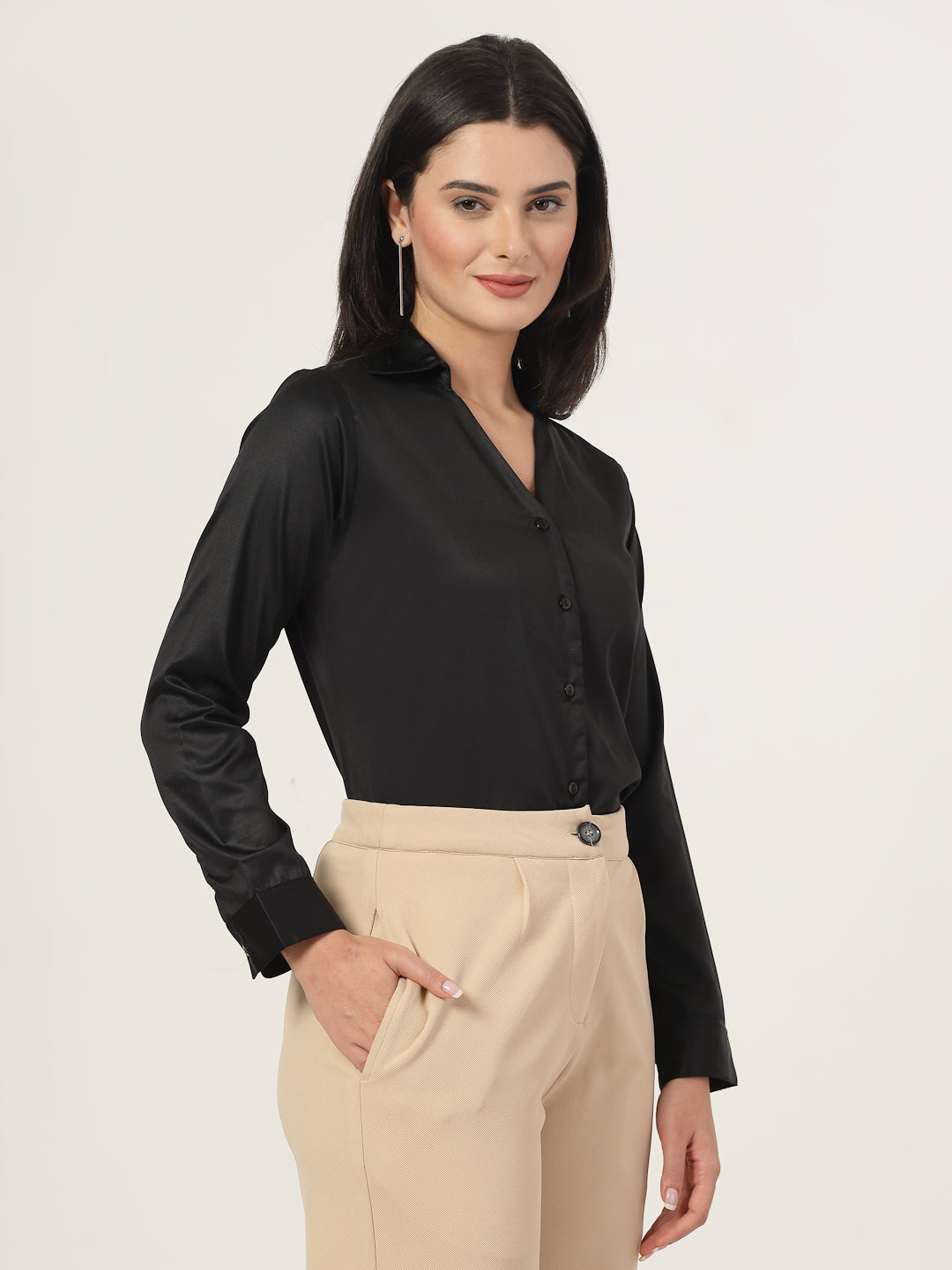 Style Quotient Women Solid Black Satin Regular Fit Formal Shirt