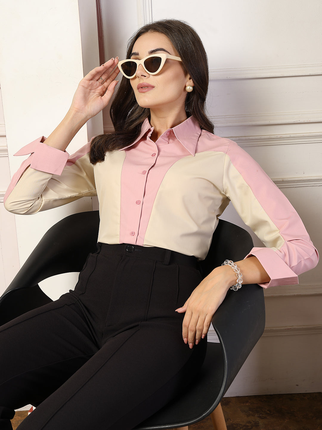 Style Quotient Women ColourBlock shirt with Collar and Long sleeves.