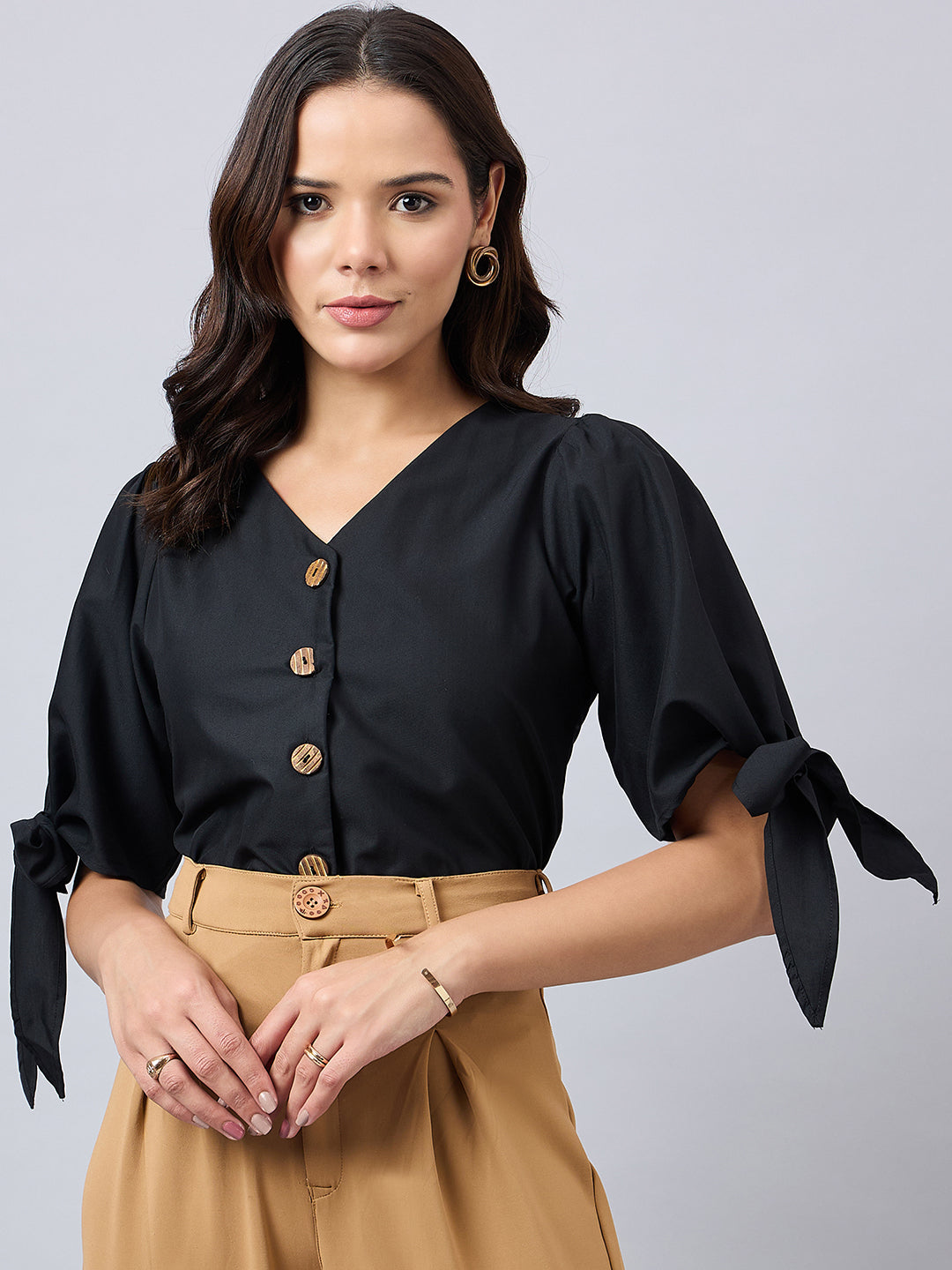 Style Quotient Women Solid Black Polycotton Regular Fit Formal Tie-up Sleeve Shirt