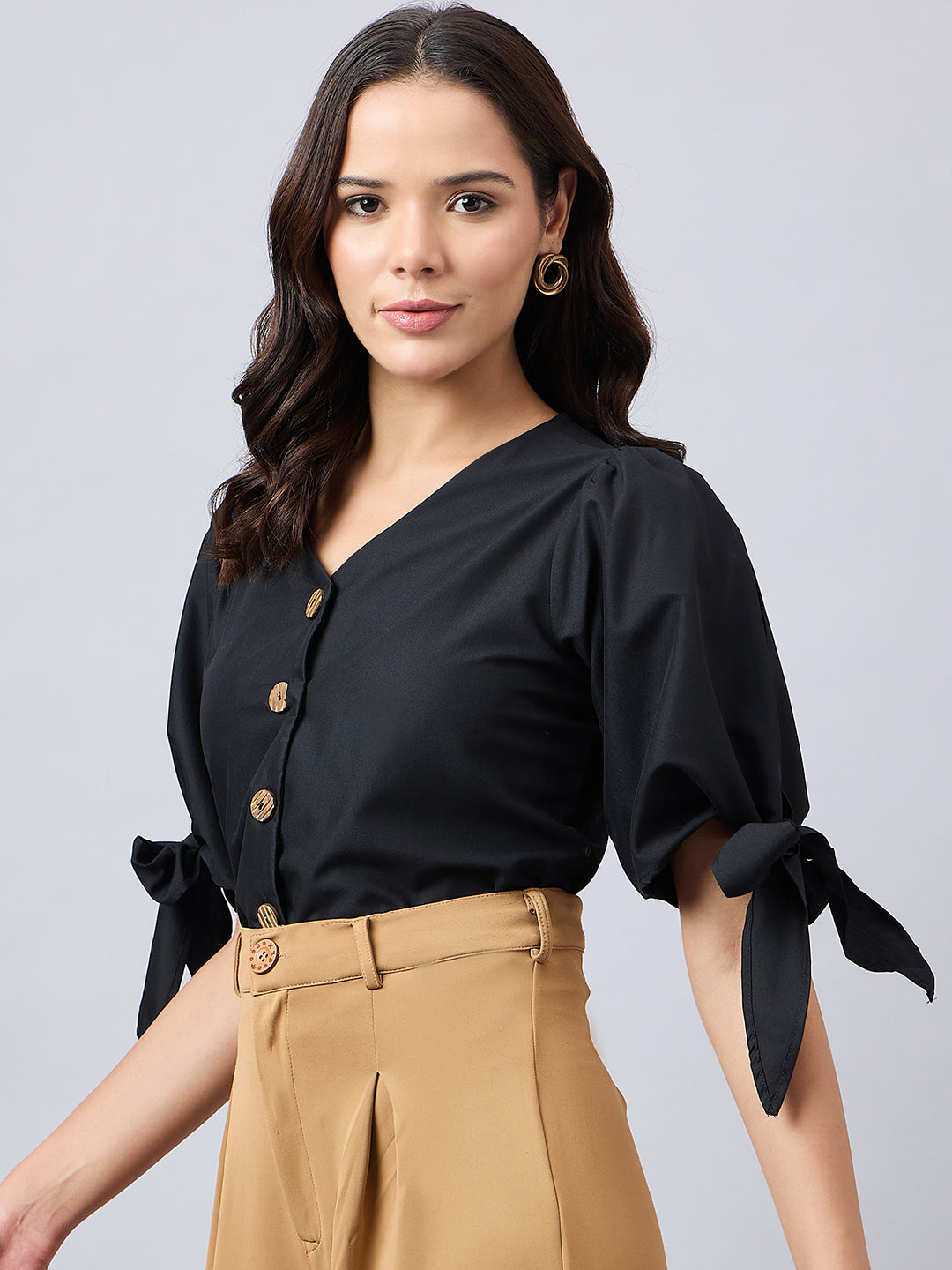 Style Quotient Women Solid Black Polycotton Regular Fit Formal Tie-up Sleeve Shirt