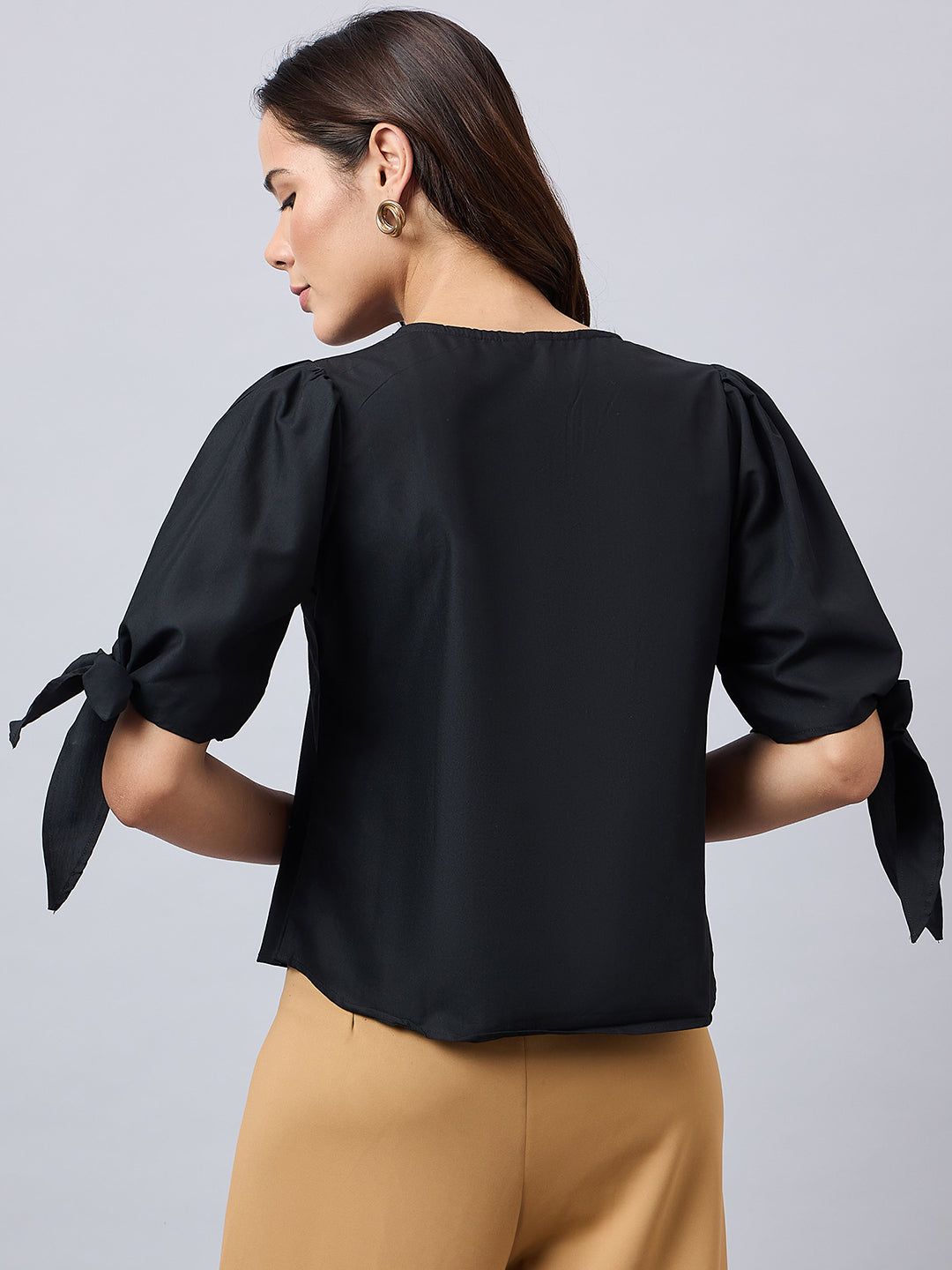 Style Quotient Women Solid Black Polycotton Regular Fit Formal Tie-up Sleeve Shirt