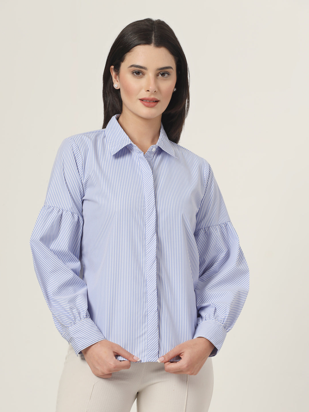 Style Quotient Women Blue And White Stripe Polycotton Regular Fit Formal Shirt