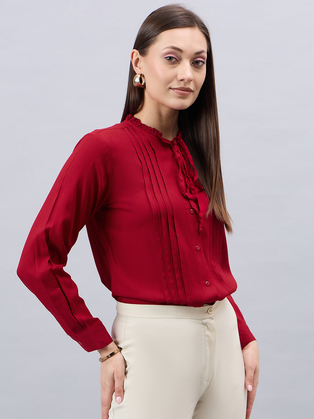 Style Quotient Women Solid Maroon Rayon Regular Fit Formal Shirt