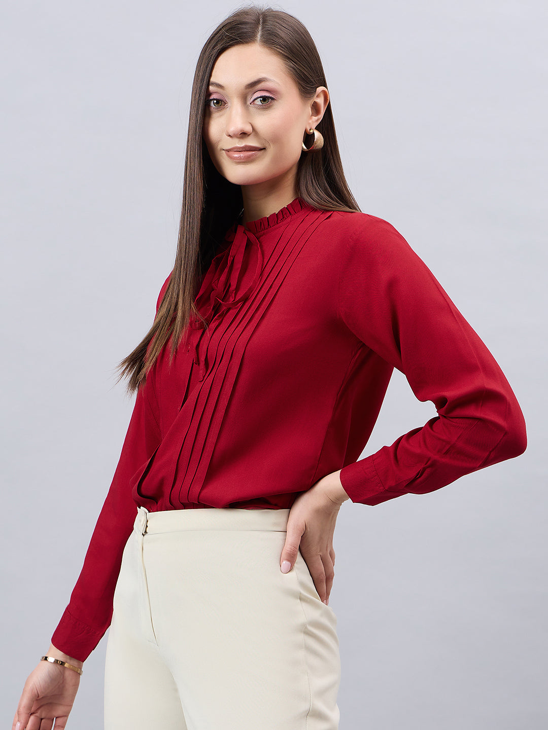 Style Quotient Women Solid Maroon Rayon Regular Fit Formal Shirt