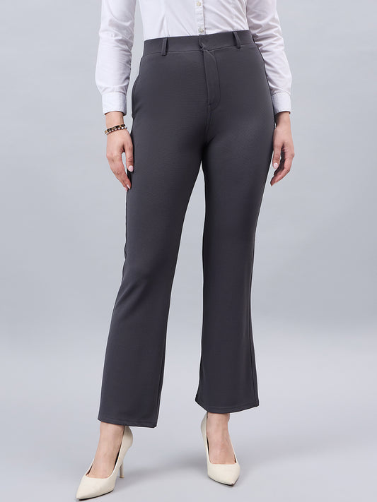 Style Quotient Women Solid Grey Self Design Polyester Formal Trouser