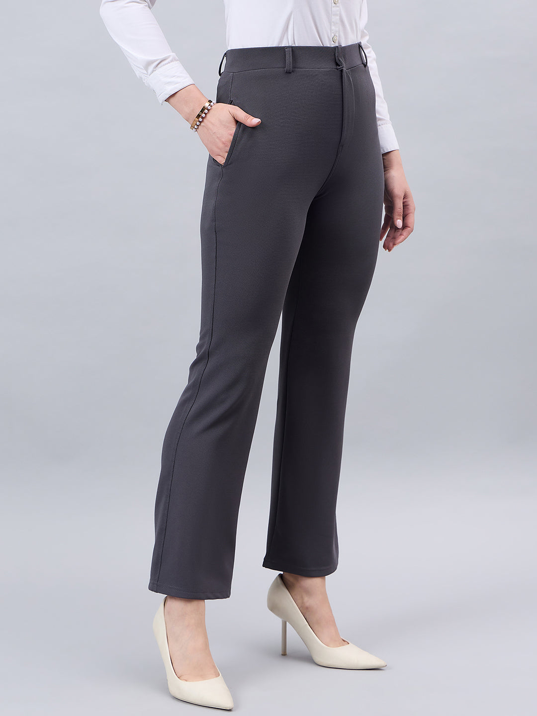 Style Quotient Women Solid Grey Self Design Polyester Formal Trouser