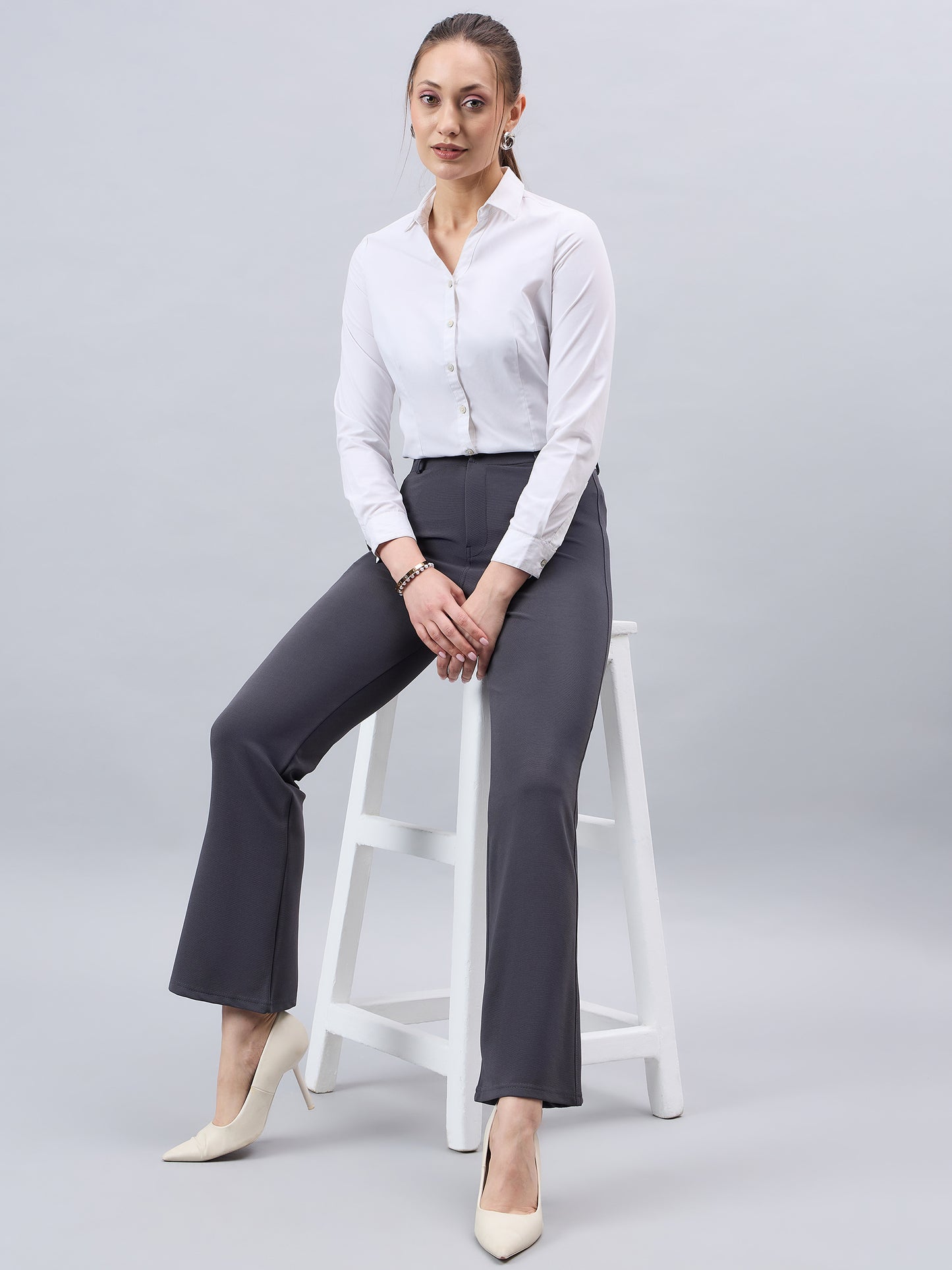 Style Quotient Women Solid Grey Self Design Polyester Formal Trouser