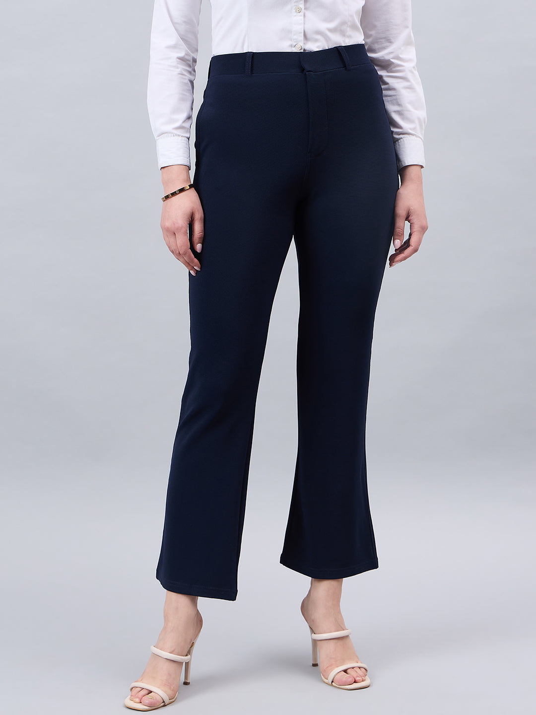 Style Quotient Women Solid Navy Self Design Polyester Formal Trouser