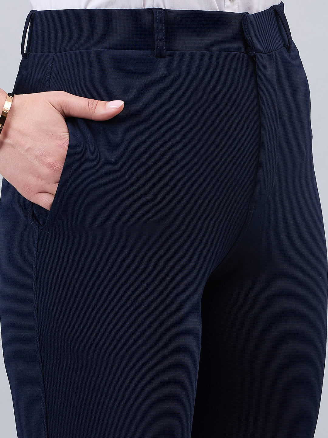 Style Quotient Women Solid Navy Self Design Polyester Formal Trouser