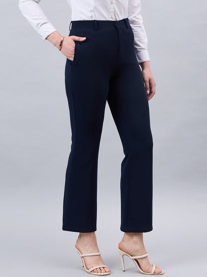 Style Quotient Women Solid Navy Self Design Polyester Formal Trouser