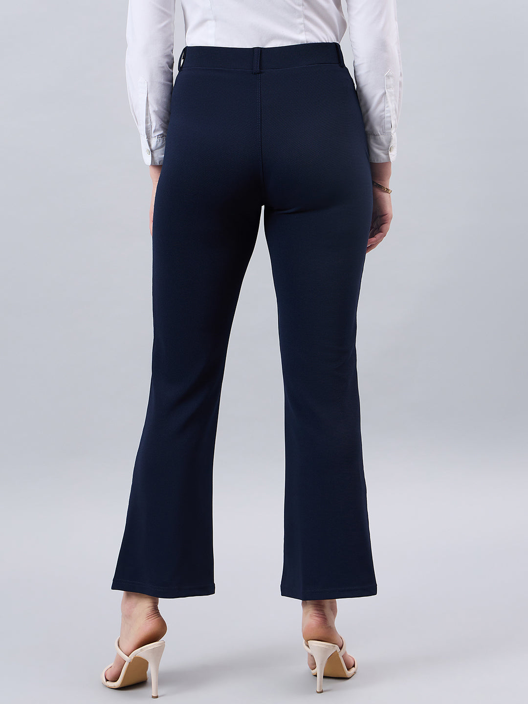 Style Quotient Women Solid Navy Self Design Polyester Formal Trouser