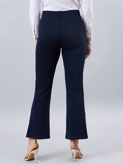 Style Quotient Women Solid Navy Self Design Polyester Formal Trouser