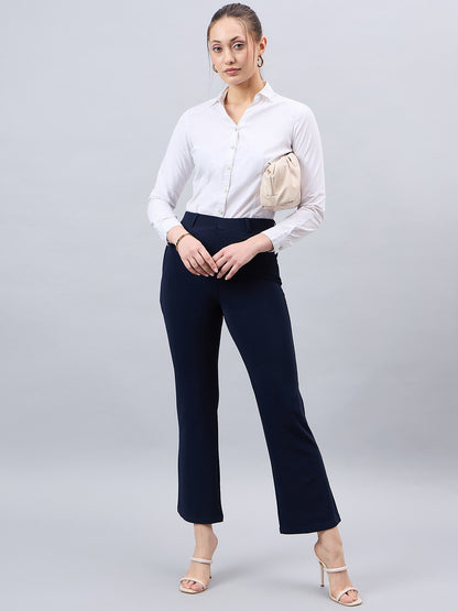 Style Quotient Women Solid Navy Self Design Polyester Formal Trouser