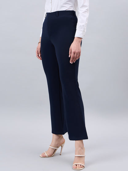 Style Quotient Women Solid Navy Self Design Polyester Formal Trouser