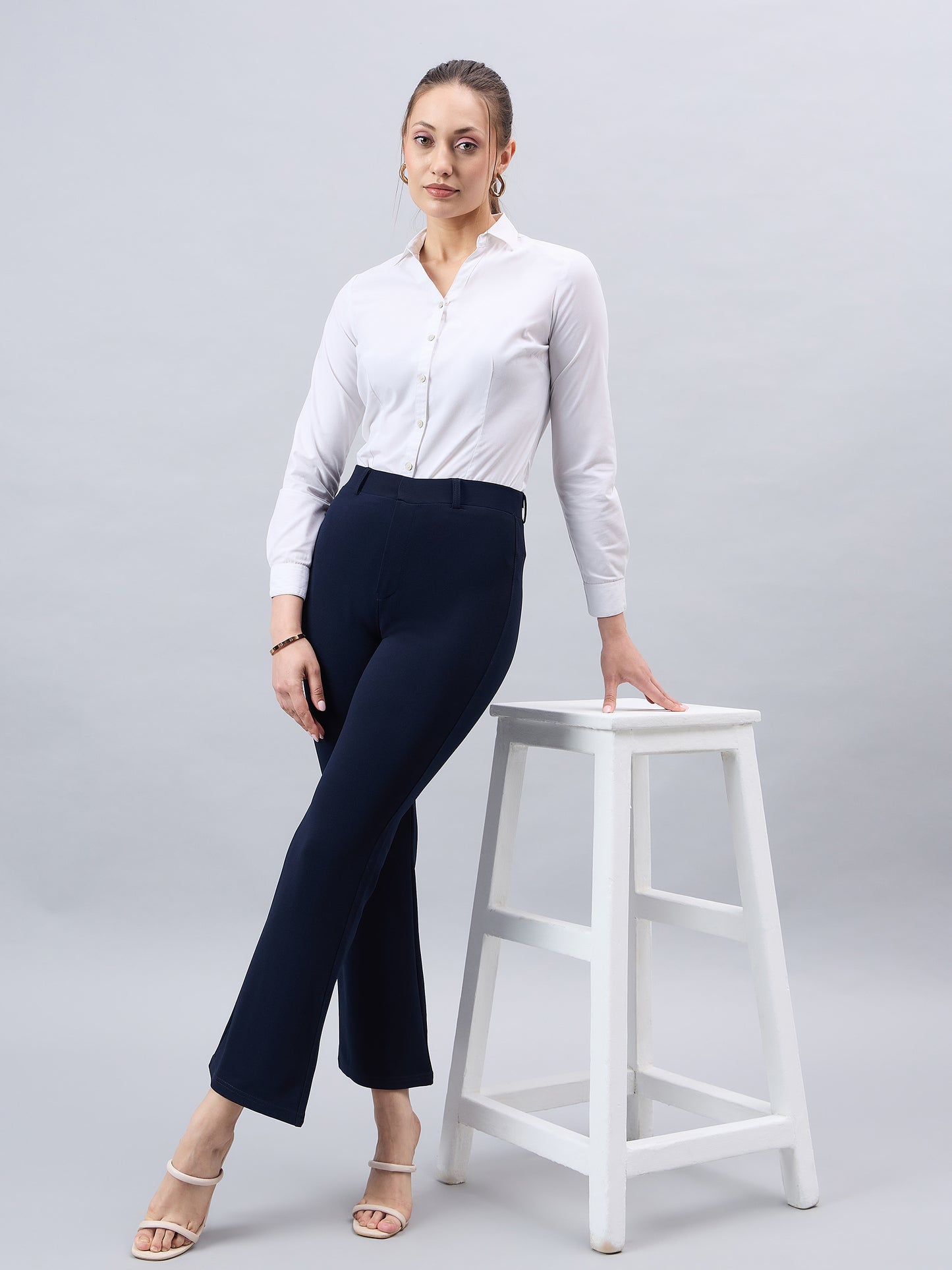 Style Quotient Women Solid Navy Self Design Polyester Formal Trouser