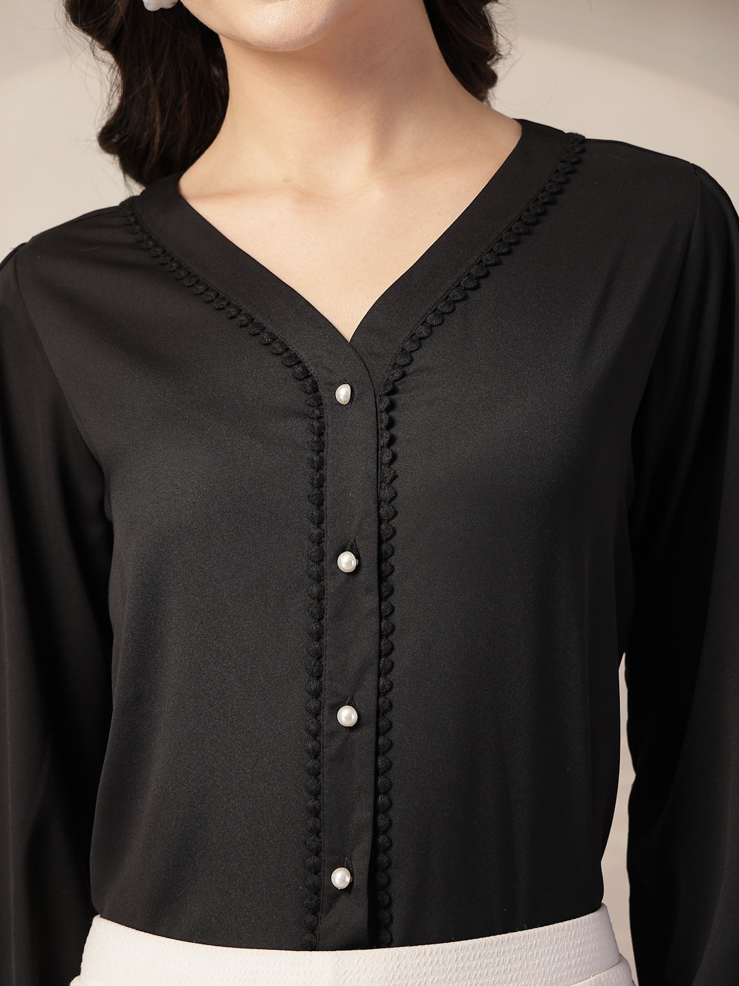 Style Quotient Women Solid Black Polymoss Regular Fit Formal Lace Insert Shirt