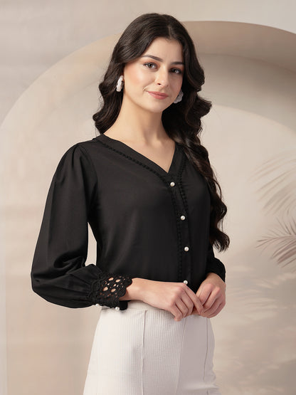 Style Quotient Women Solid Black Polymoss Regular Fit Formal Lace Insert Shirt