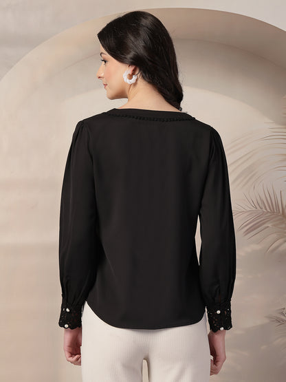 Style Quotient Women Solid Black Polymoss Regular Fit Formal Lace Insert Shirt