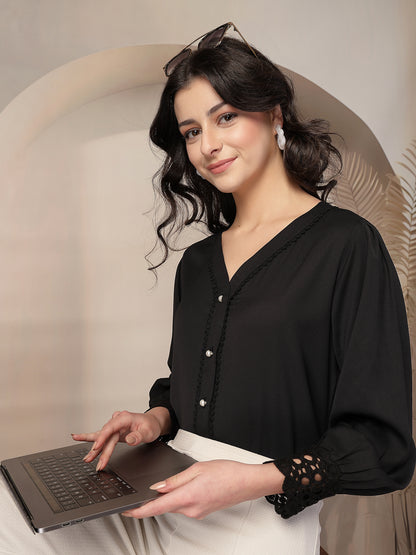 Style Quotient Women Solid Black Polymoss Regular Fit Formal Lace Insert Shirt