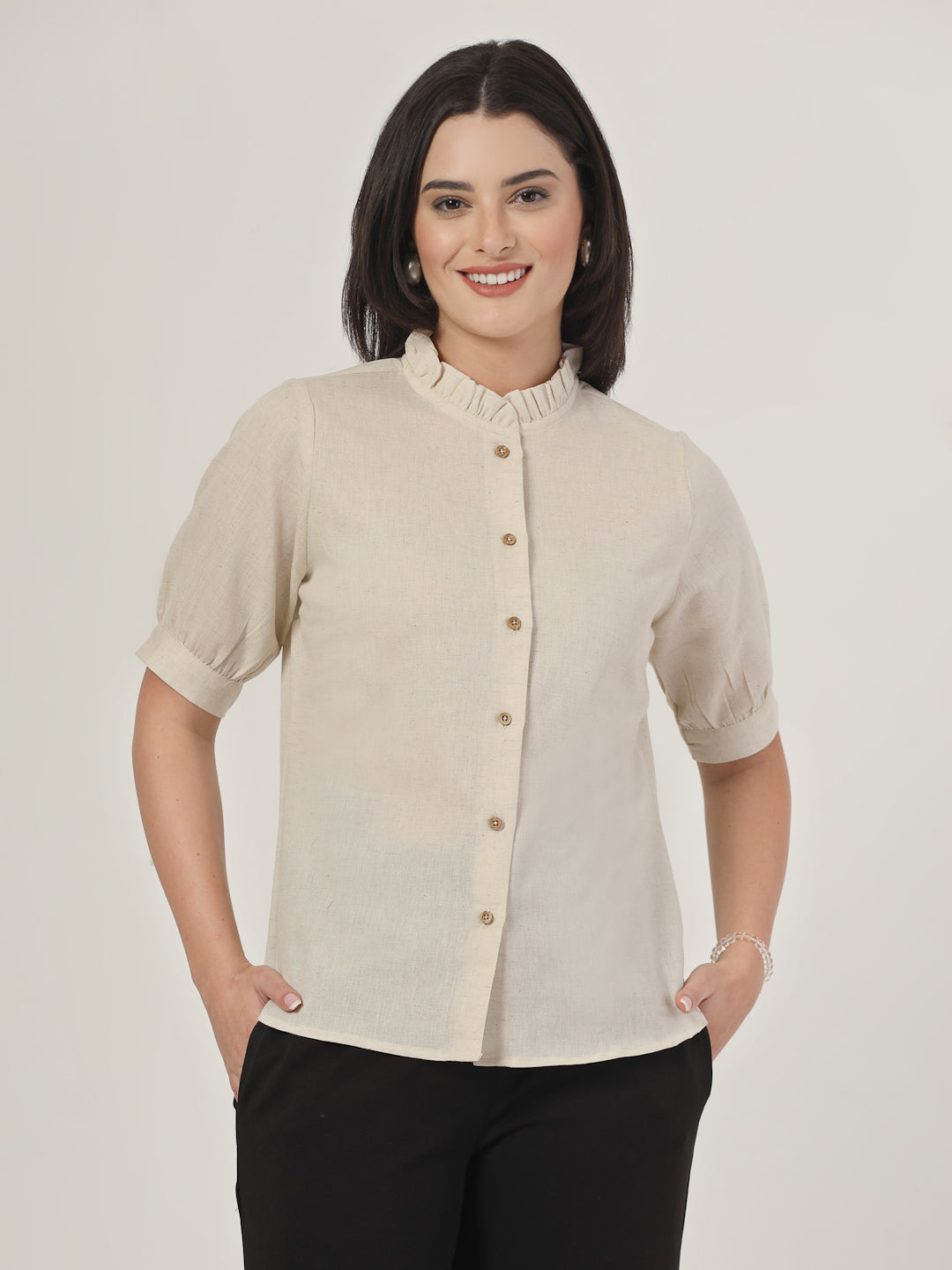 Style Quotient Women Solid Beige Regular Fit Flex  Formal Shirt