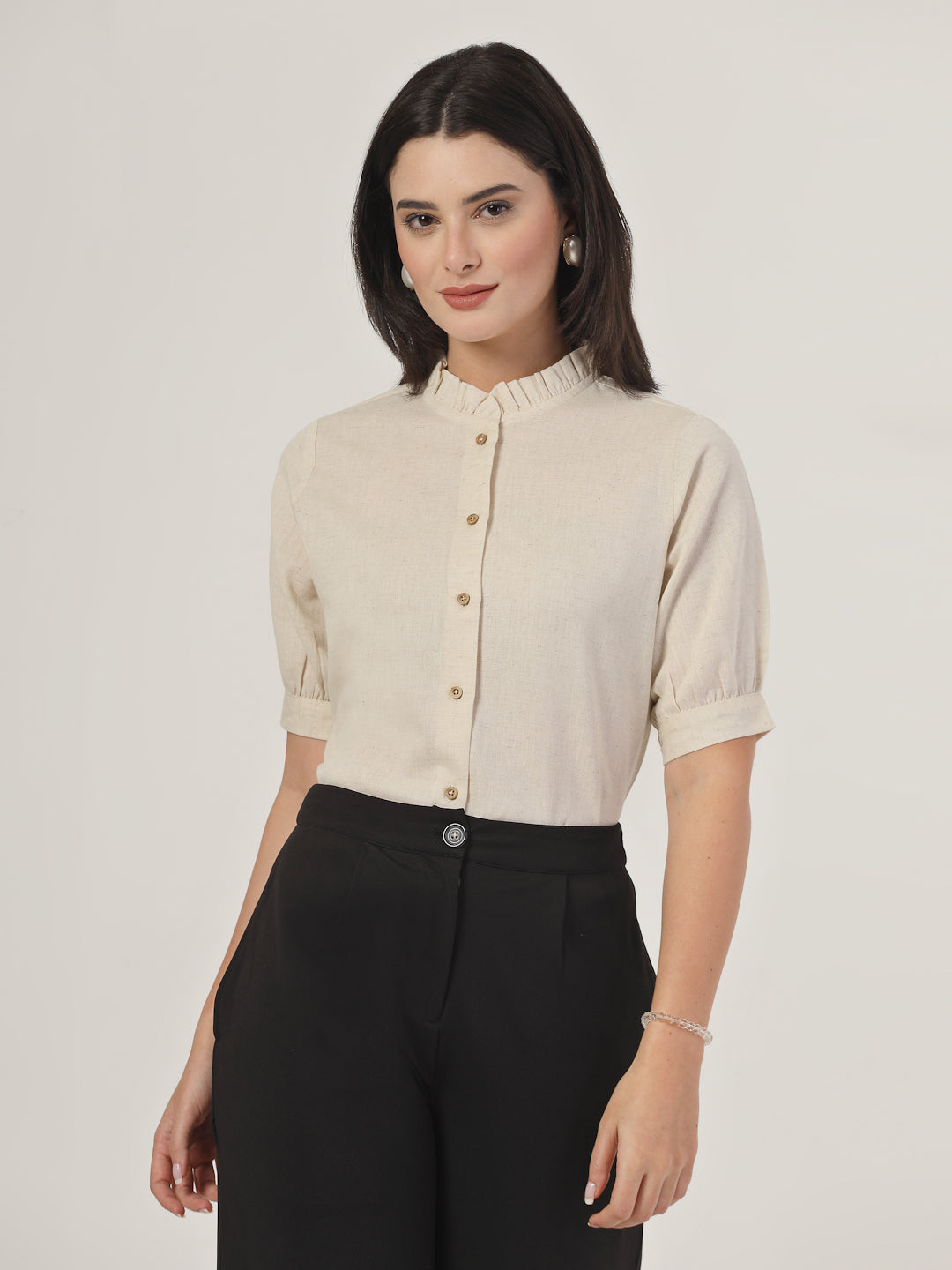 Style Quotient Women Solid Beige Regular Fit Flex  Formal Shirt