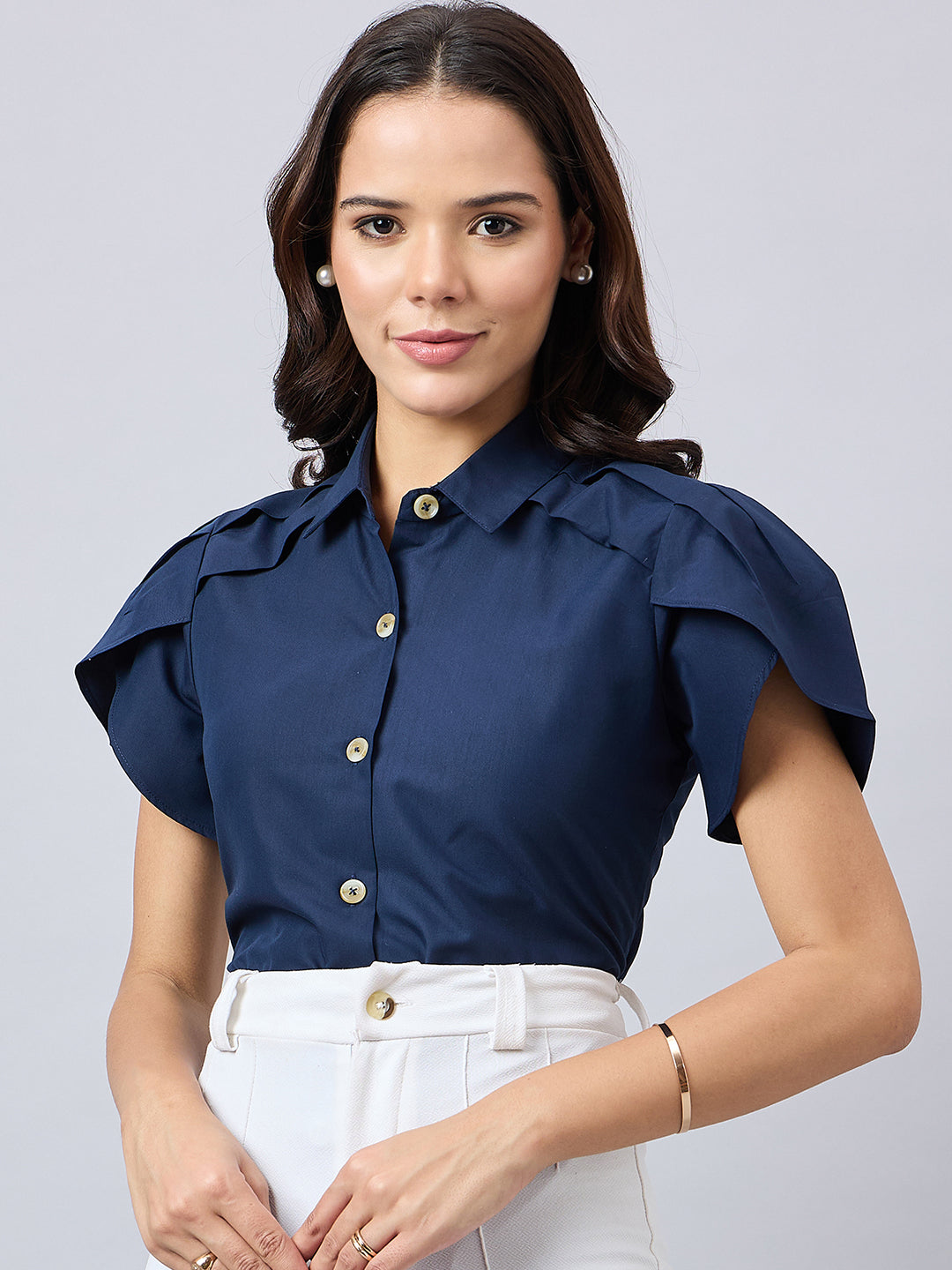 Style Quotient Women Solid Navy Polycotton Regular Fit Formal Tulip Sleeve Shirt