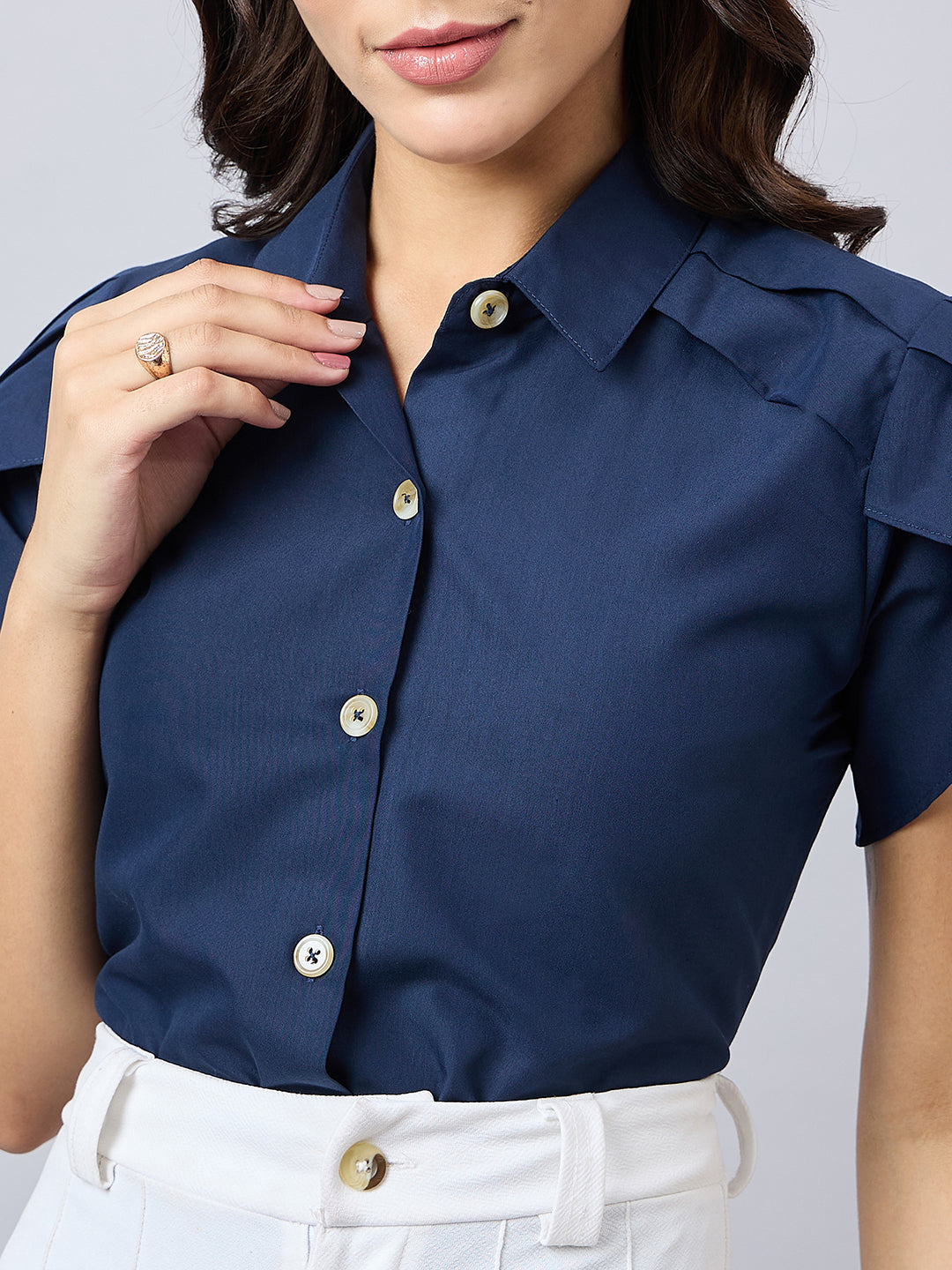 Style Quotient Women Solid Navy Polycotton Regular Fit Formal Tulip Sleeve Shirt