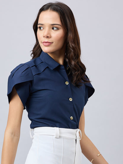 Style Quotient Women Solid Navy Polycotton Regular Fit Formal Tulip Sleeve Shirt