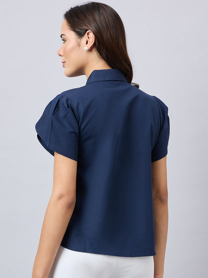 Style Quotient Women Solid Navy Polycotton Regular Fit Formal Tulip Sleeve Shirt