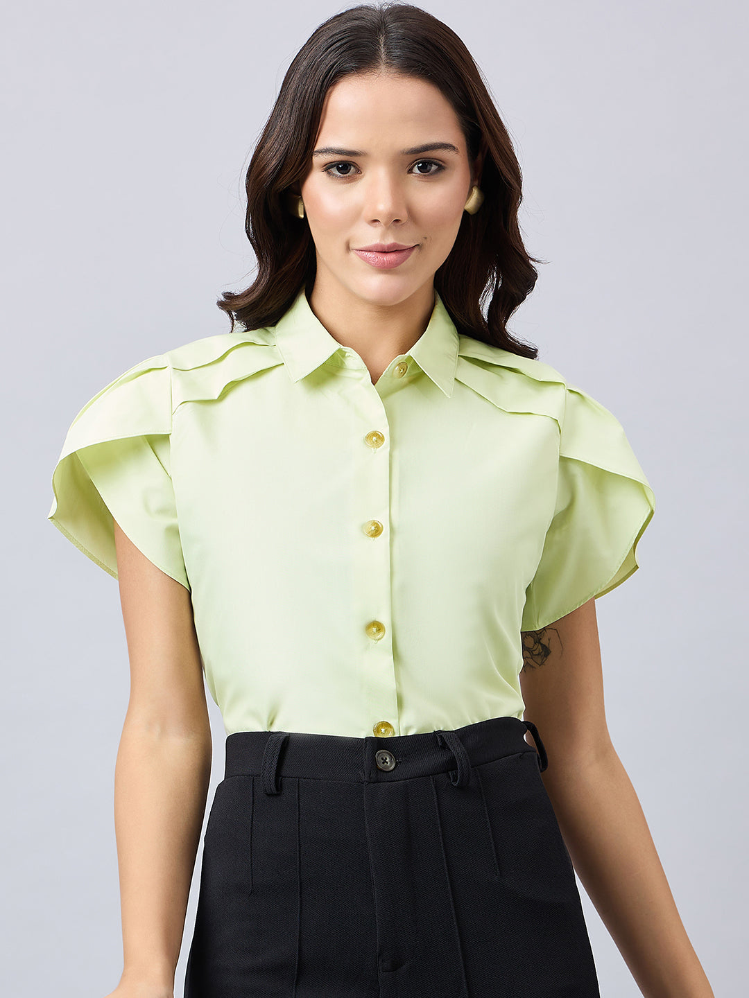 Style Quotient Women Solid Pista Polycotton Regular Fit Formal Tulip Sleeve Shirt