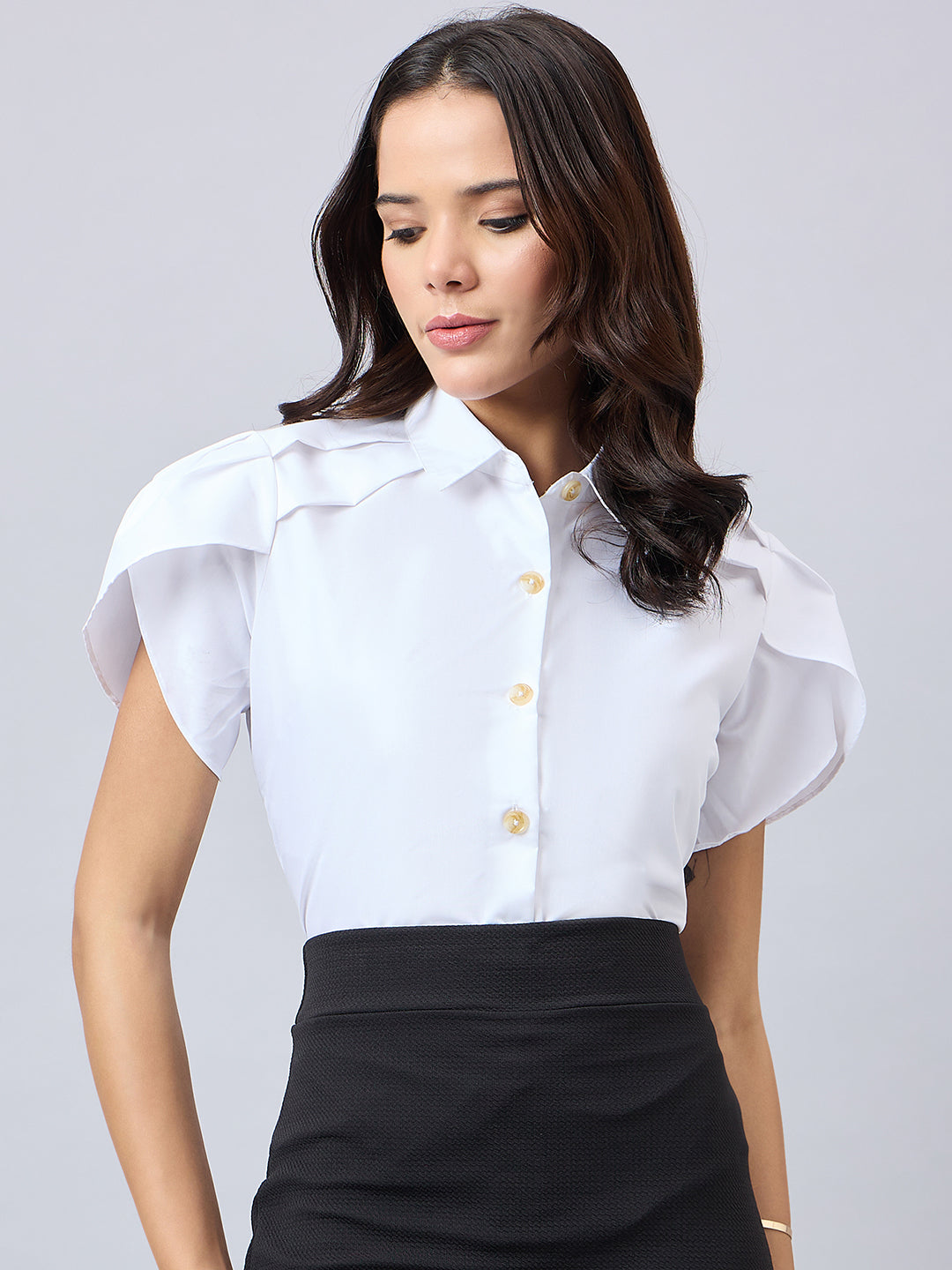 Style Quotient Women Solid White Polycotton Regular Fit Formal Tulip Sleeve Shirt