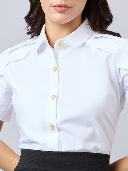 Style Quotient Women Solid White Polycotton Regular Fit Formal Tulip Sleeve Shirt