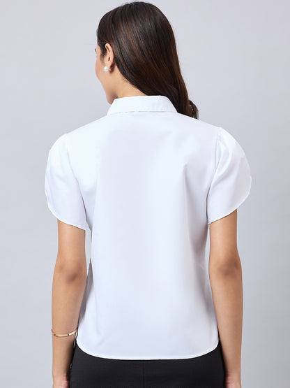 Style Quotient Women Solid White Polycotton Regular Fit Formal Tulip Sleeve Shirt