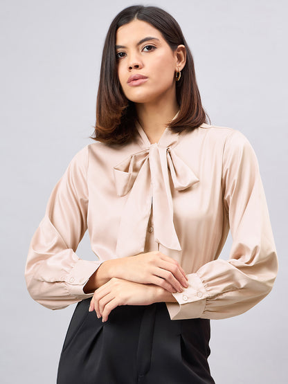 Style Quotient Women Solid Champagne Satin Tie up Regular Formal Shirt