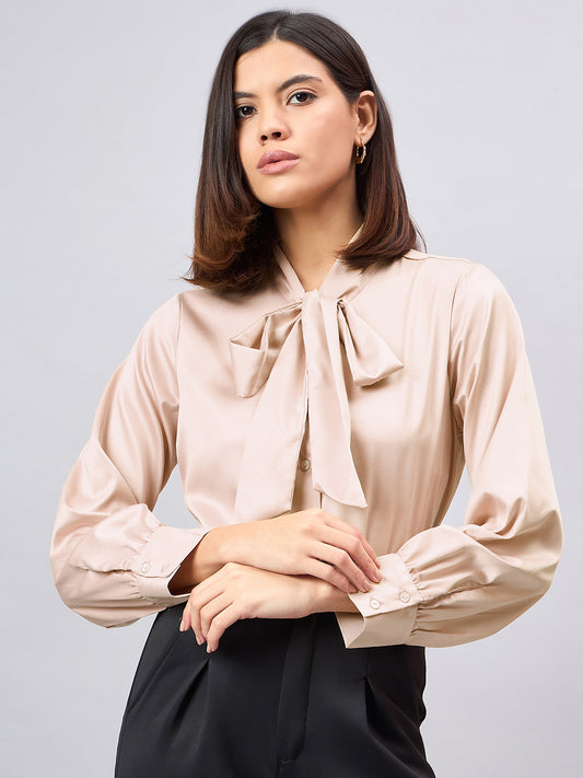 Style Quotient Women Solid Champagne Satin Tie up Regular Formal Shirt