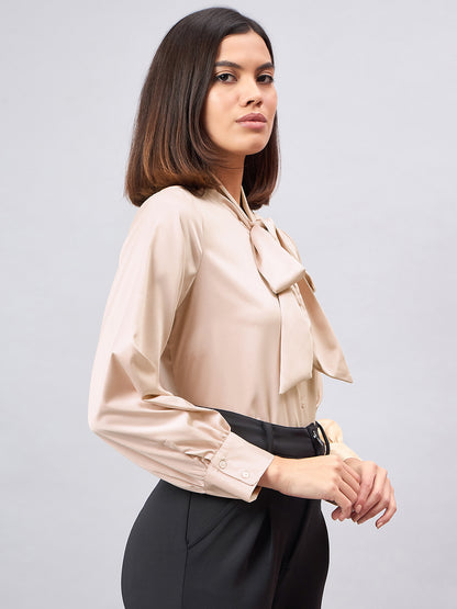 Style Quotient Women Solid Champagne Satin Tie up Regular Formal Shirt