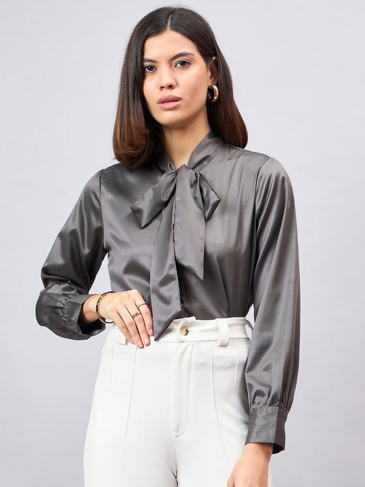 Style Quotient Women Solid Slate Grey Satin Tie up Regular Formal Shirt