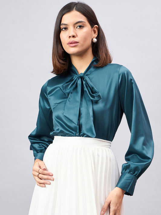 Style Quotient Women Solid Teal Satin Tie up Regular Formal Shirt