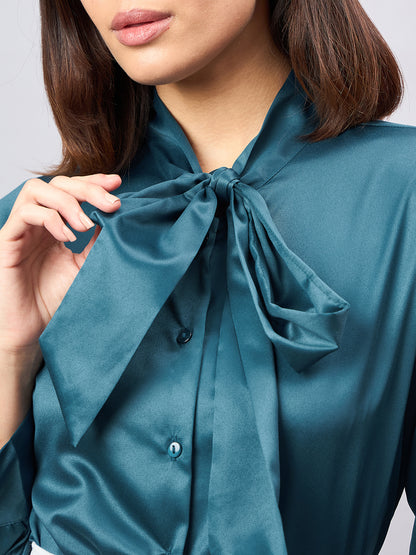 Style Quotient Women Solid Teal Satin Tie up Regular Formal Shirt