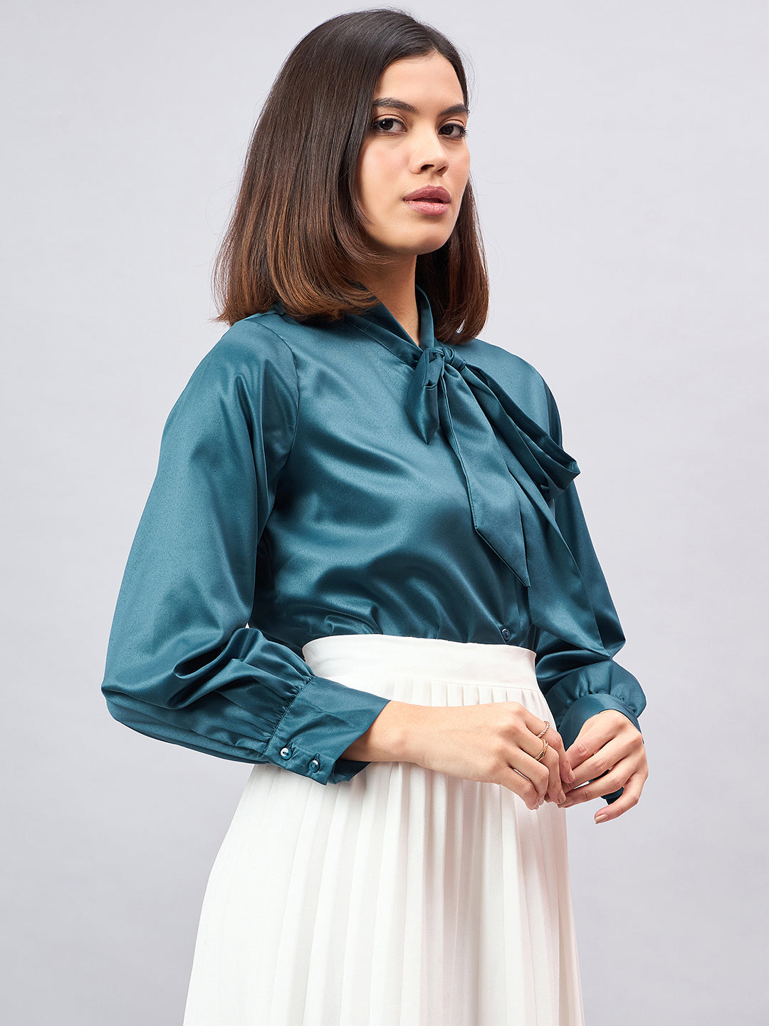 Style Quotient Women Solid Teal Satin Tie up Regular Formal Shirt