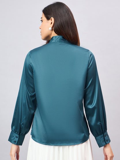 Style Quotient Women Solid Teal Satin Tie up Regular Formal Shirt