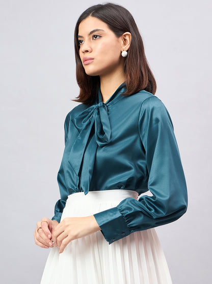 Style Quotient Women Solid Teal Satin Tie up Regular Formal Shirt