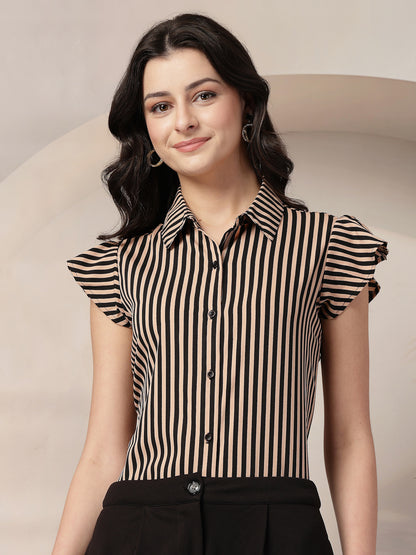 Style Quotient Women Nude Black Stripe Polycrepe Formal Shirt