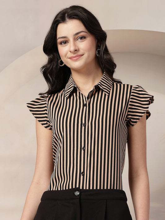 Style Quotient Women Nude Black Stripe Polycrepe Formal Shirt