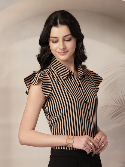 Style Quotient Women Nude Black Stripe Polycrepe Formal Shirt