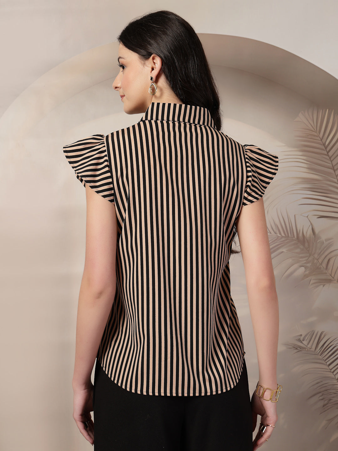 Style Quotient Women Nude Black Stripe Polycrepe Formal Shirt